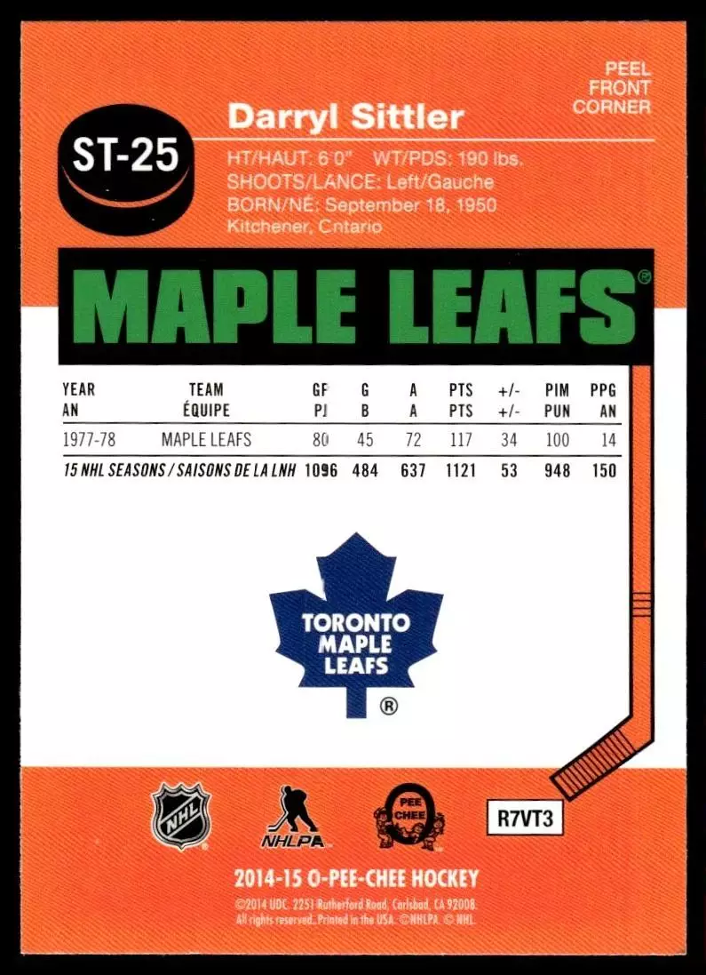 2014-15 O-Pee-Chee Stickers #ST25 Darryl Sittler 1