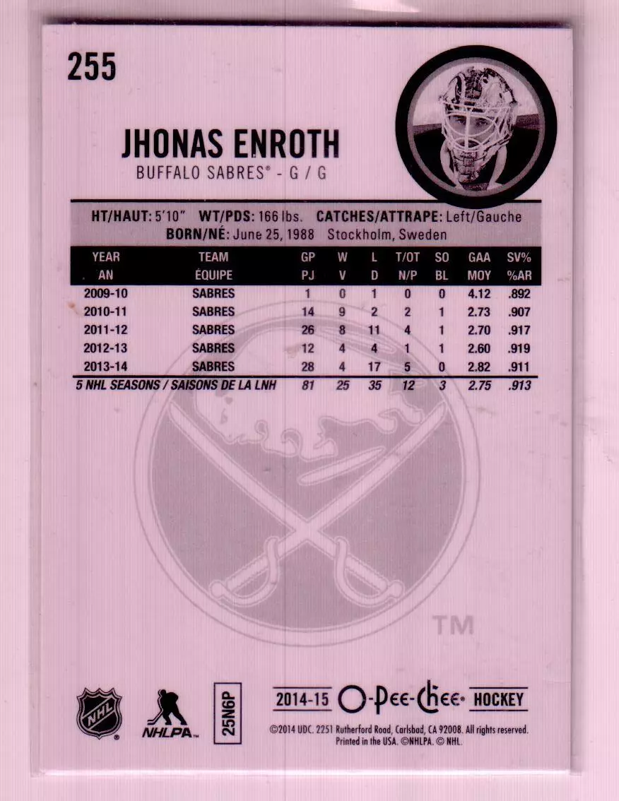 2014-15 O-Pee-Chee Rainbow #255 Jhonas Enroth 1
