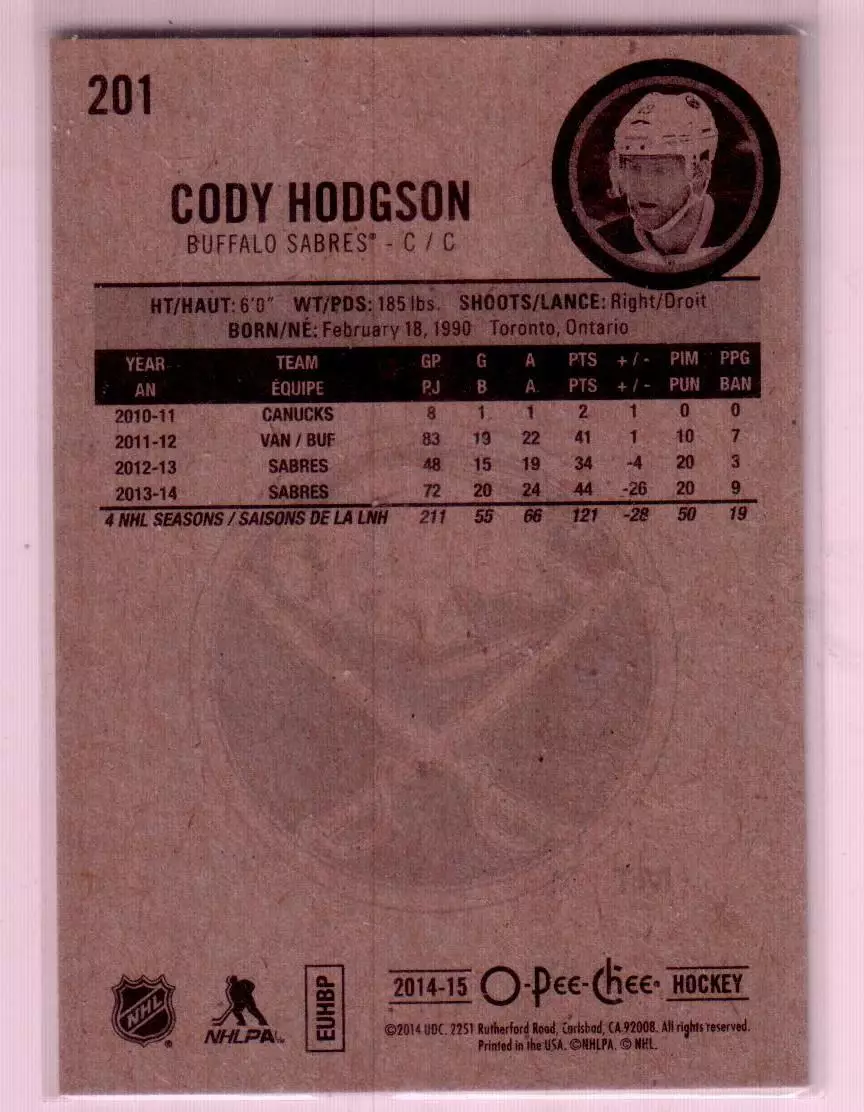 2014-15 O-Pee-Chee #201 Cody Hodgson 1