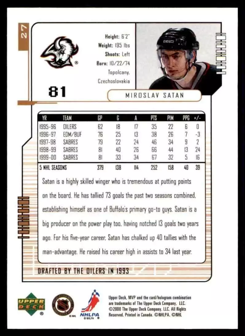 2000-01 Upper Deck MVP #27 Miroslav Satan 1