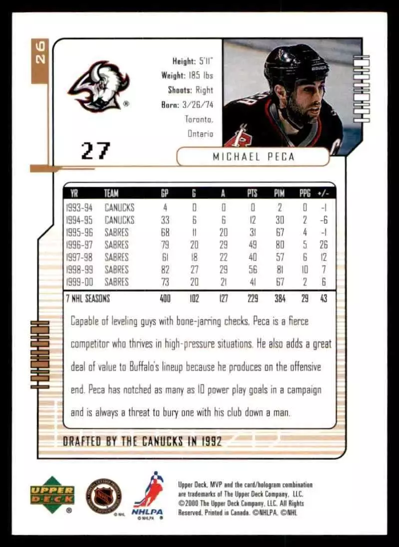 2000-01 Upper Deck MVP #26 Michael Peca 1