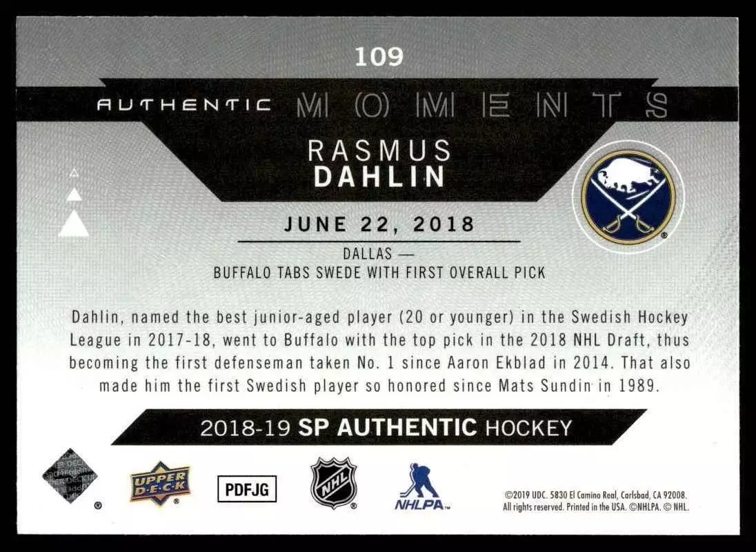 2018-19 SP Authentic #109 Rasmus Dahlin AM 1