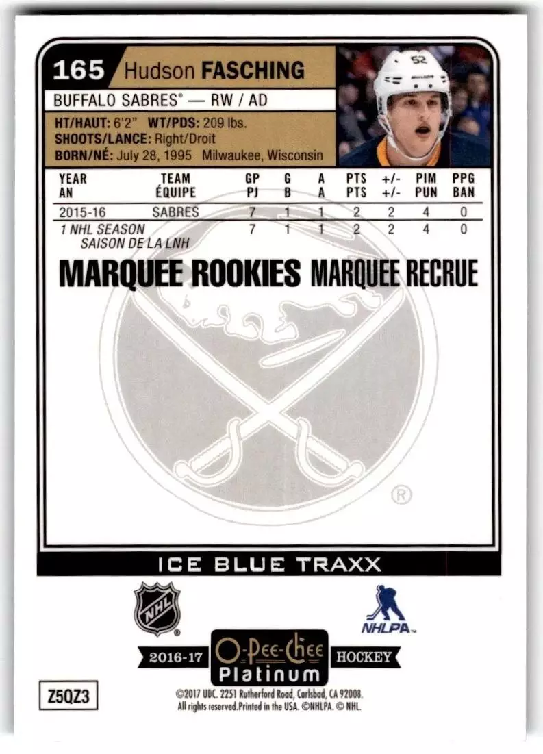2016-17 O-Pee-Chee Platinum Ice Blue Traxx #165 Hudson Fasching 1
