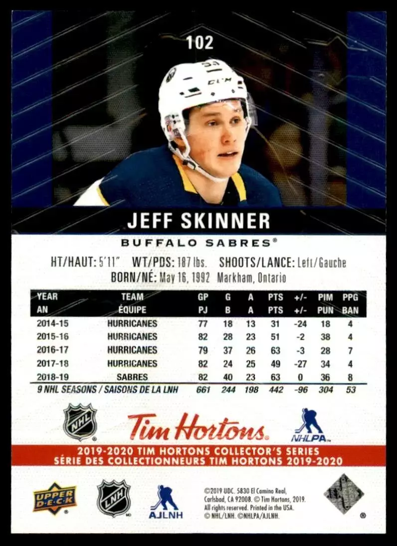2019-20 Upper Deck Tim Hortons #102 Jeff Skinner 1