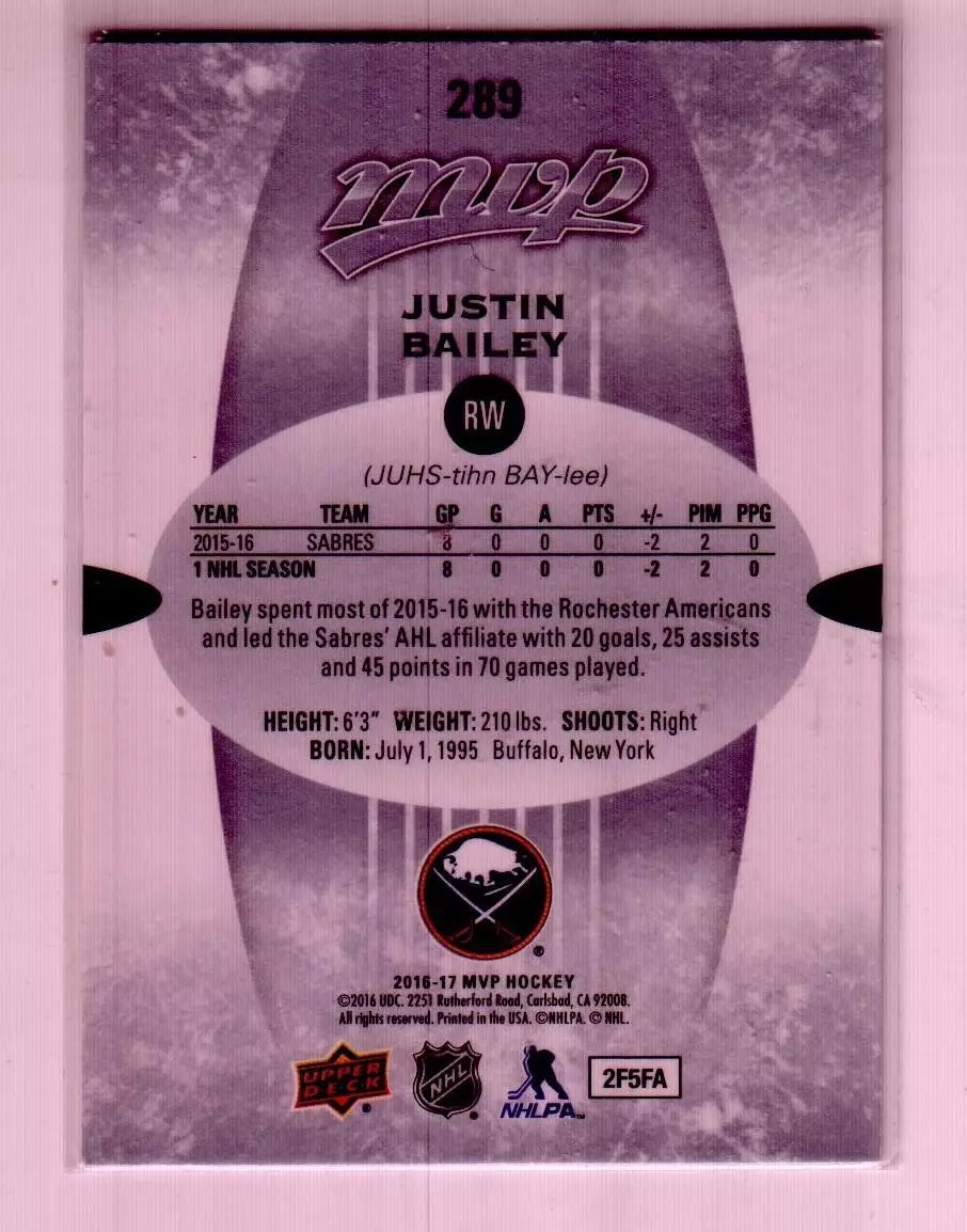 2016-17 Upper Deck MVP Silver Script #289 Justin Bailey 1