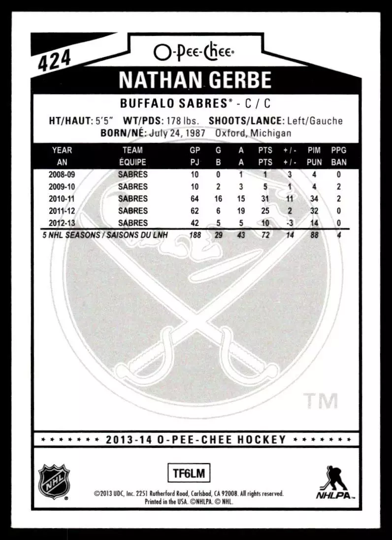 2013-14 O-Pee-Chee Rainbow #424 Nathan Gerbe 1