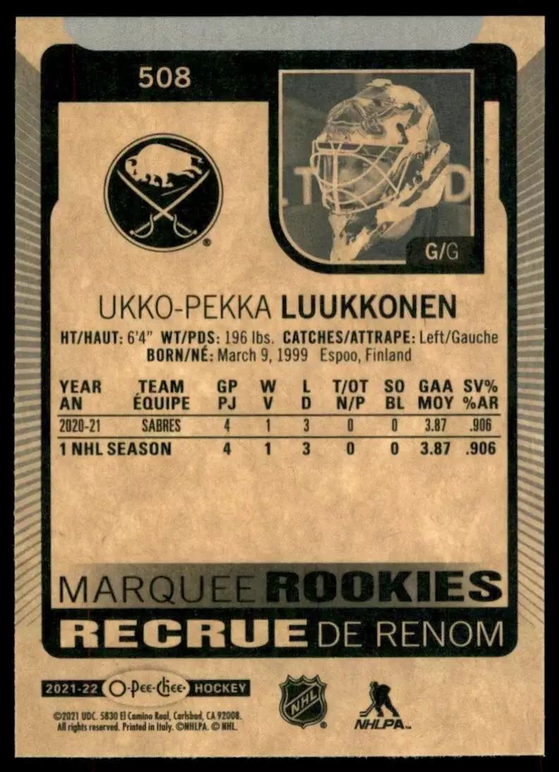 2021-22 O-Pee-Chee #508 Ukko-Pekka Luukkonen RC 1