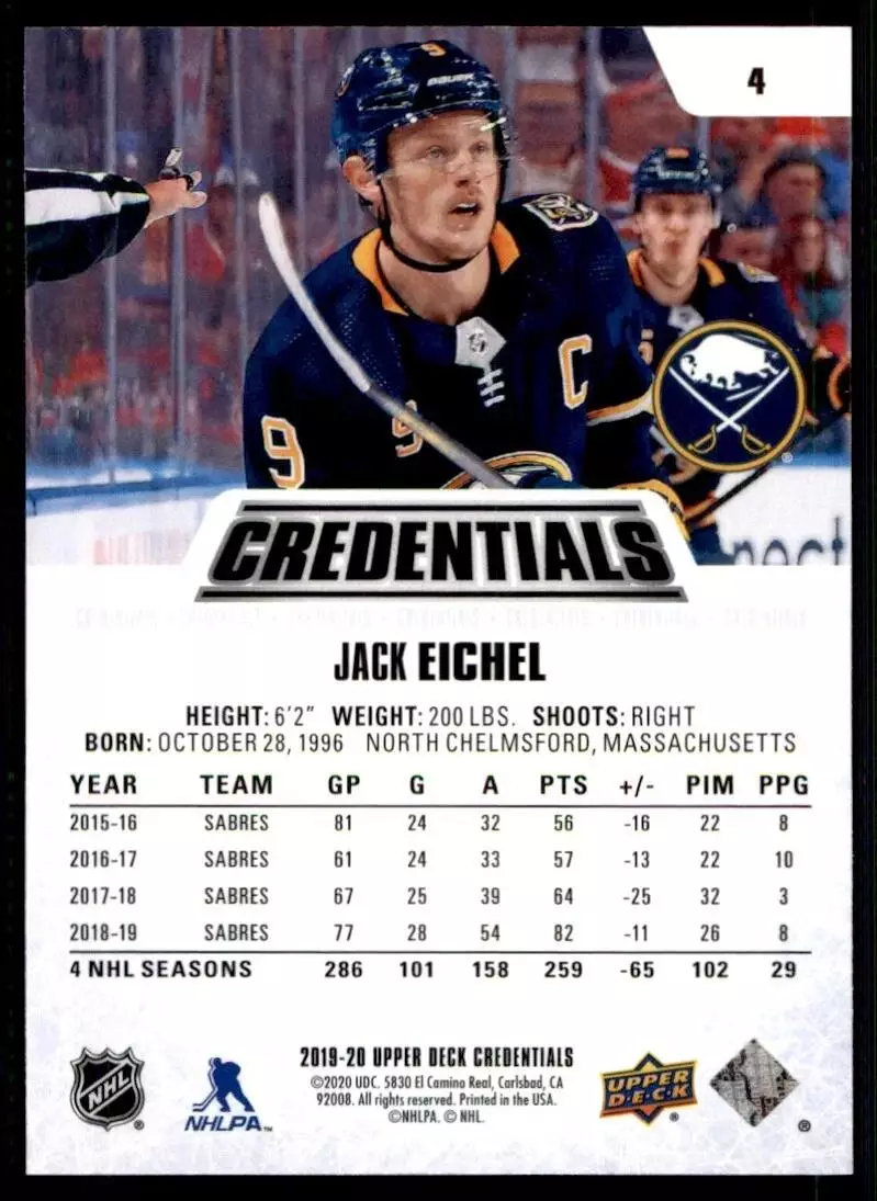 2019-20 Upper Deck Credentials #4 Jack Eichel 1