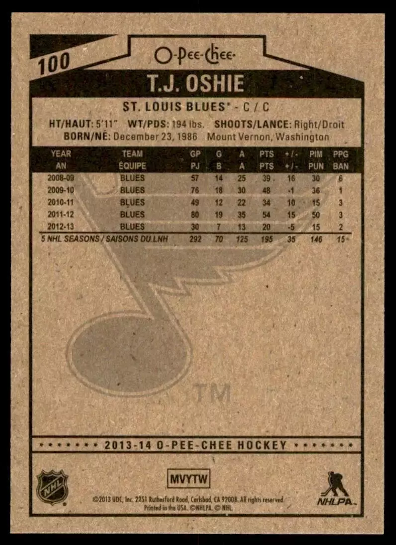 2013-14 O-Pee-Chee #100 T.J. Oshie 1