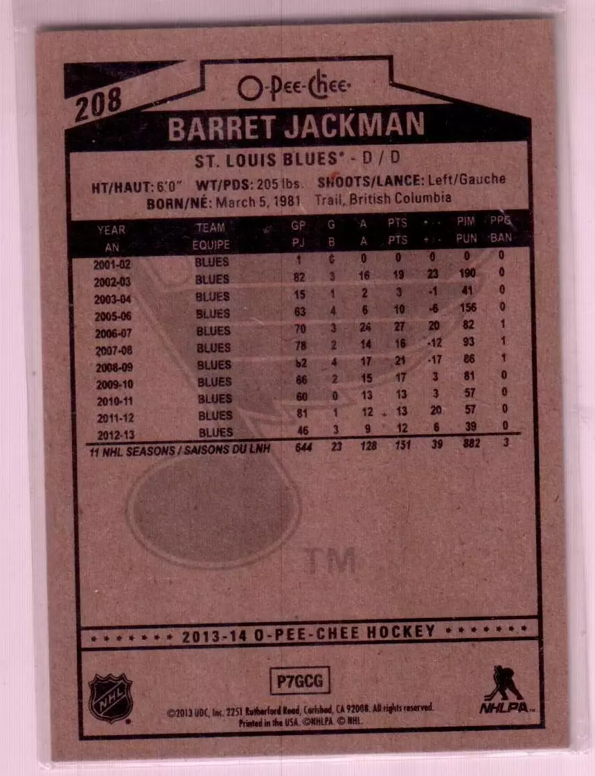 2013-14 O-Pee-Chee #208 Barret Jackman 1