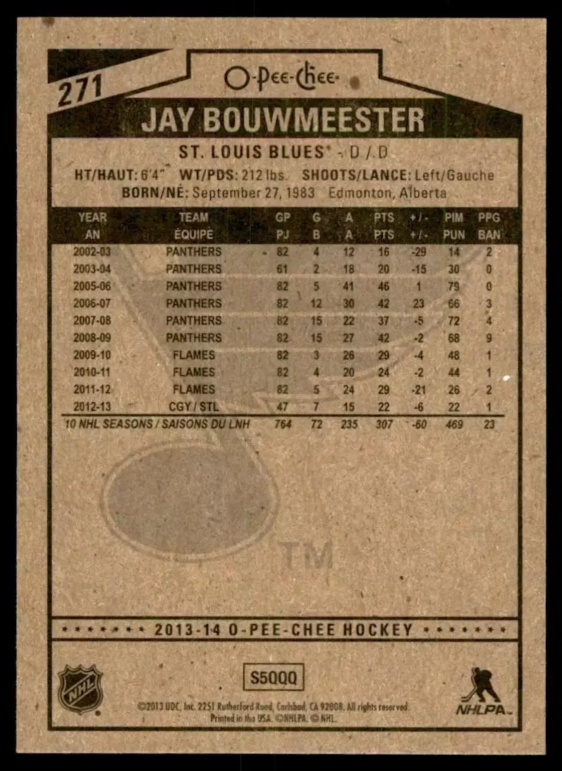 2013-14 O-Pee-Chee #271 Jay Bouwmeester 1