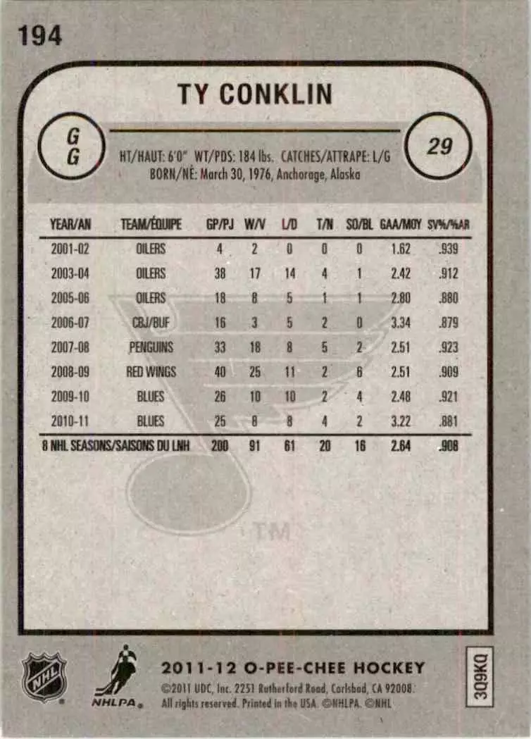 2011-12 O-Pee-Chee #194 Ty Conklin 1