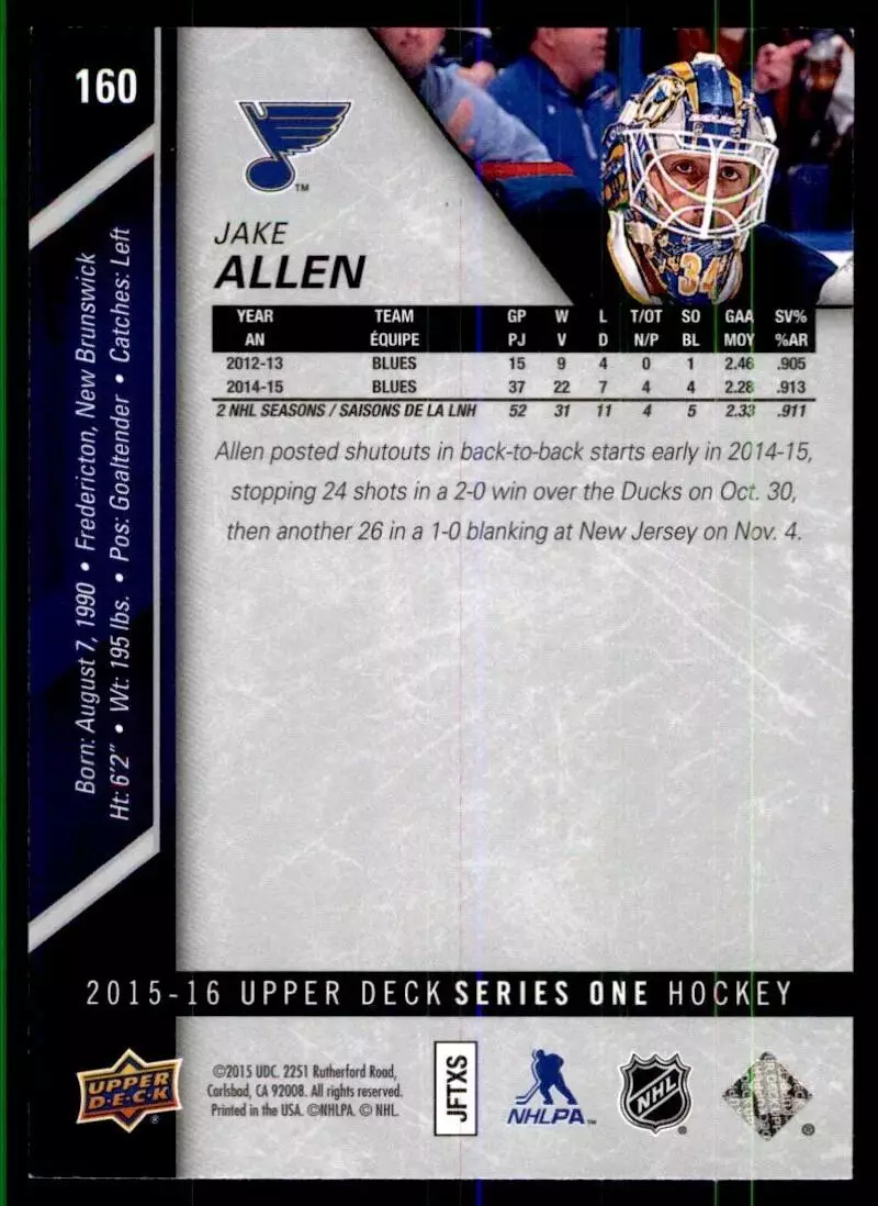 2015-16 Upper Deck #160 Jake Allen 1