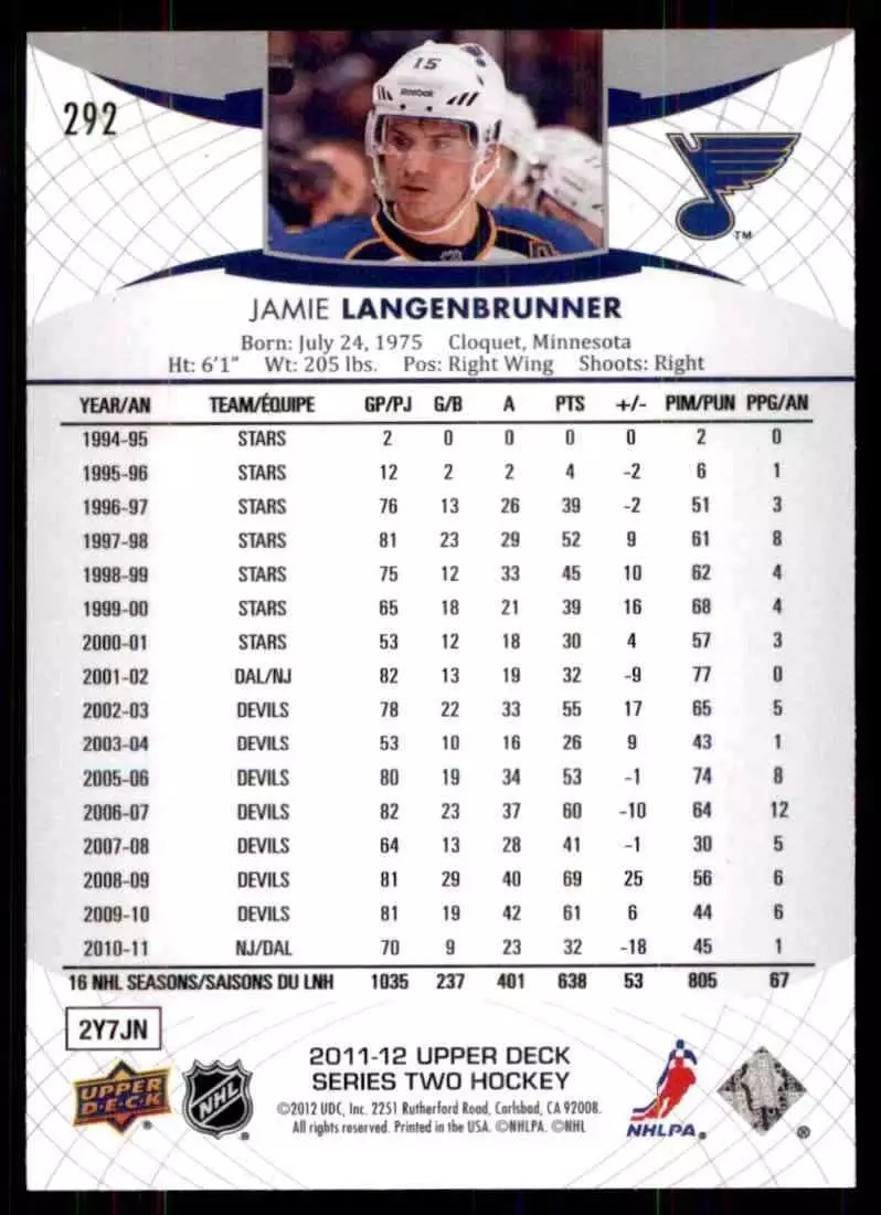 2011-12 Upper Deck #292 Jamie Langenbrunner 1