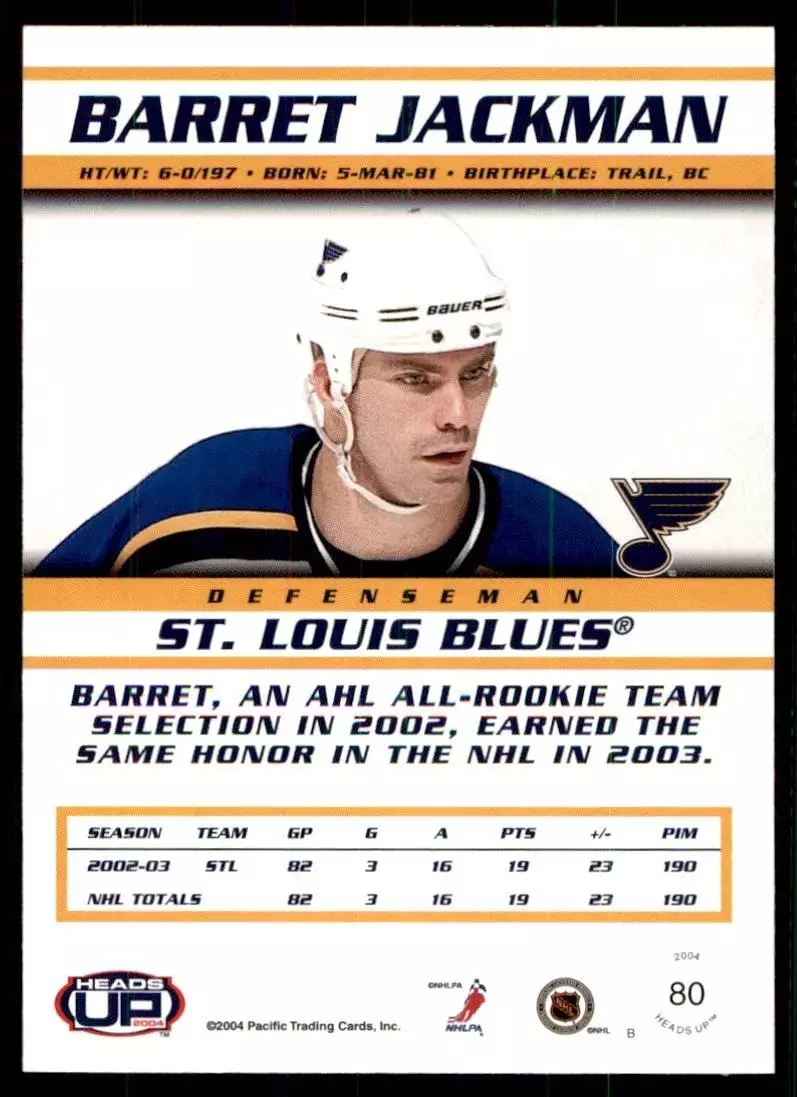 2003-04 Pacific Heads Up #80 Barret Jackman 1