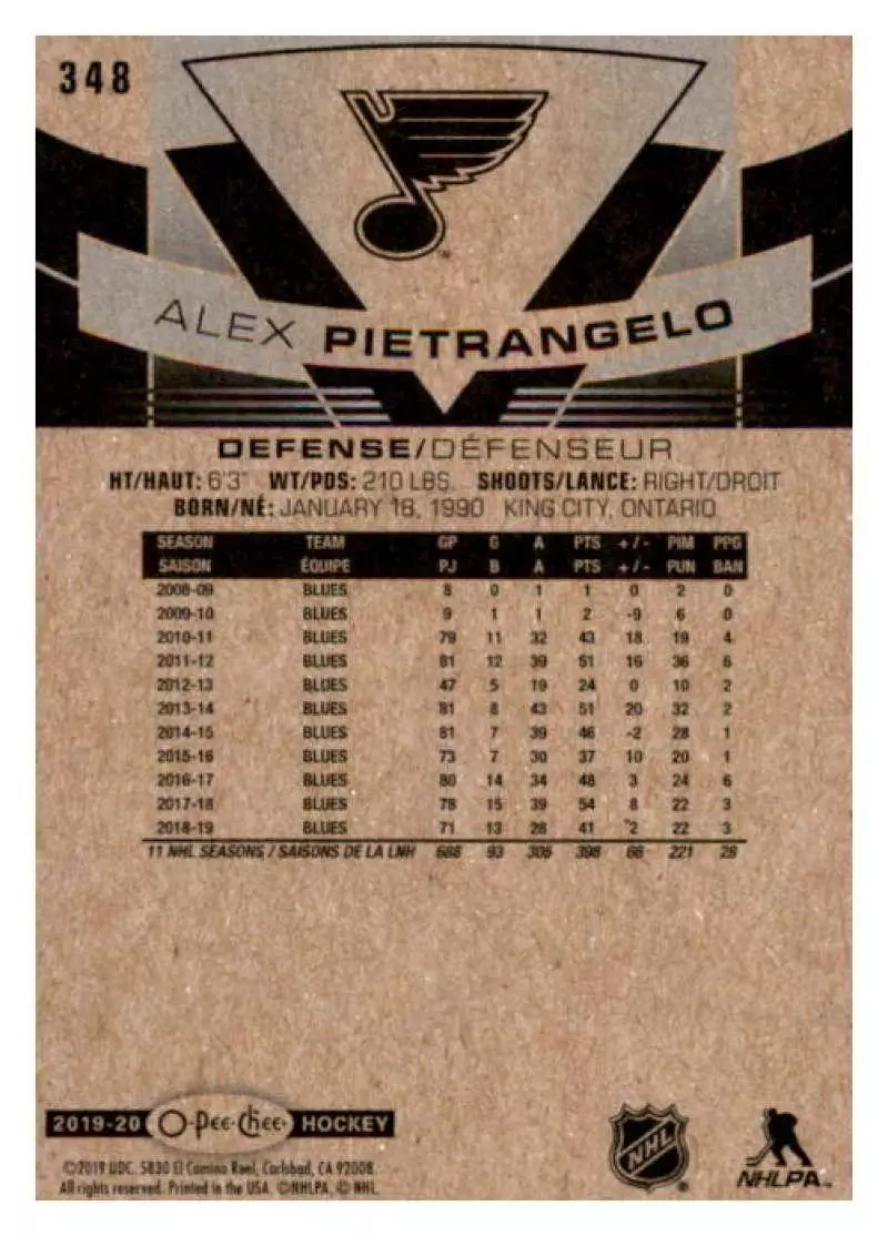 2019-20 O-Pee-Chee #348 Alex Pietrangelo 1