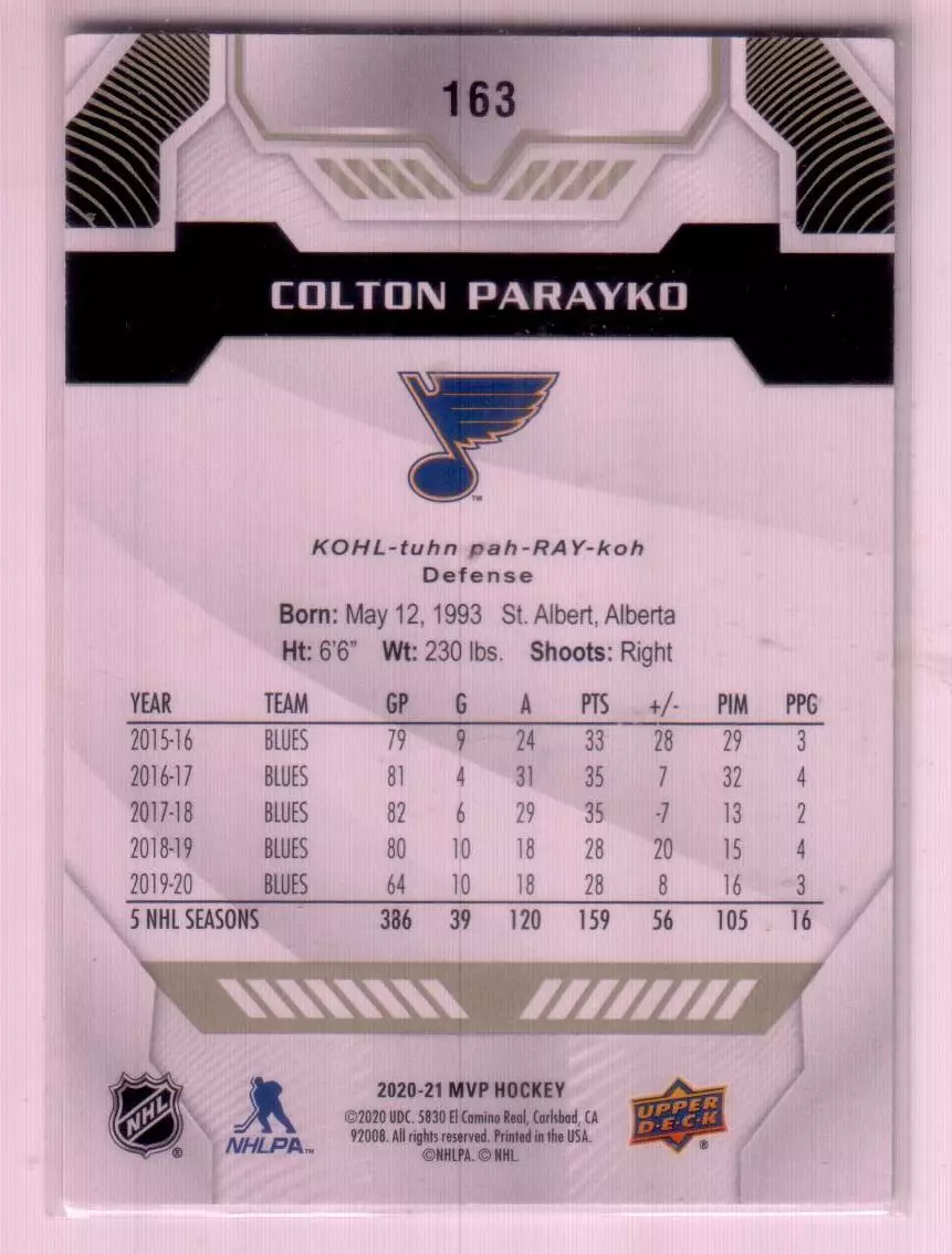 2020-21 Upper Deck MVP #163 Colton Parayko 1