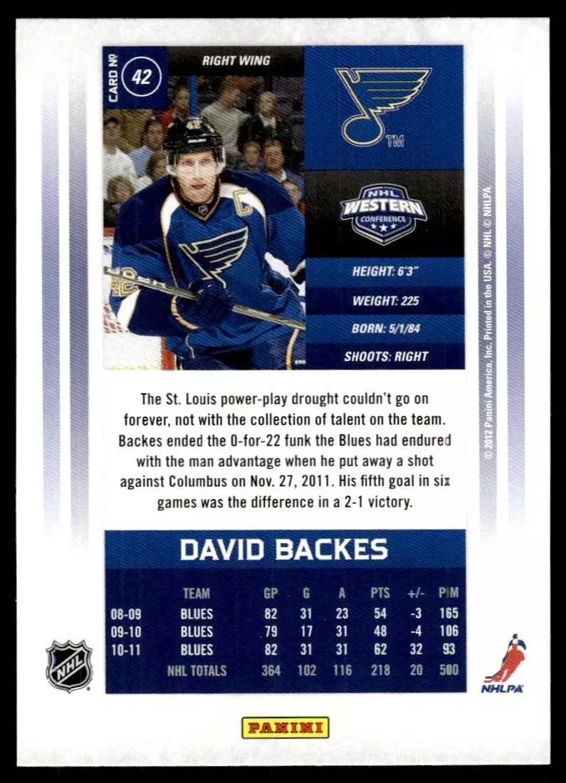 2011-12 Panini Contenders #42 David Backes 1