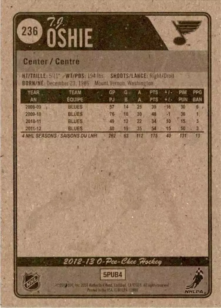 2012-13 O-Pee-Chee #236 T.J. Oshie 1