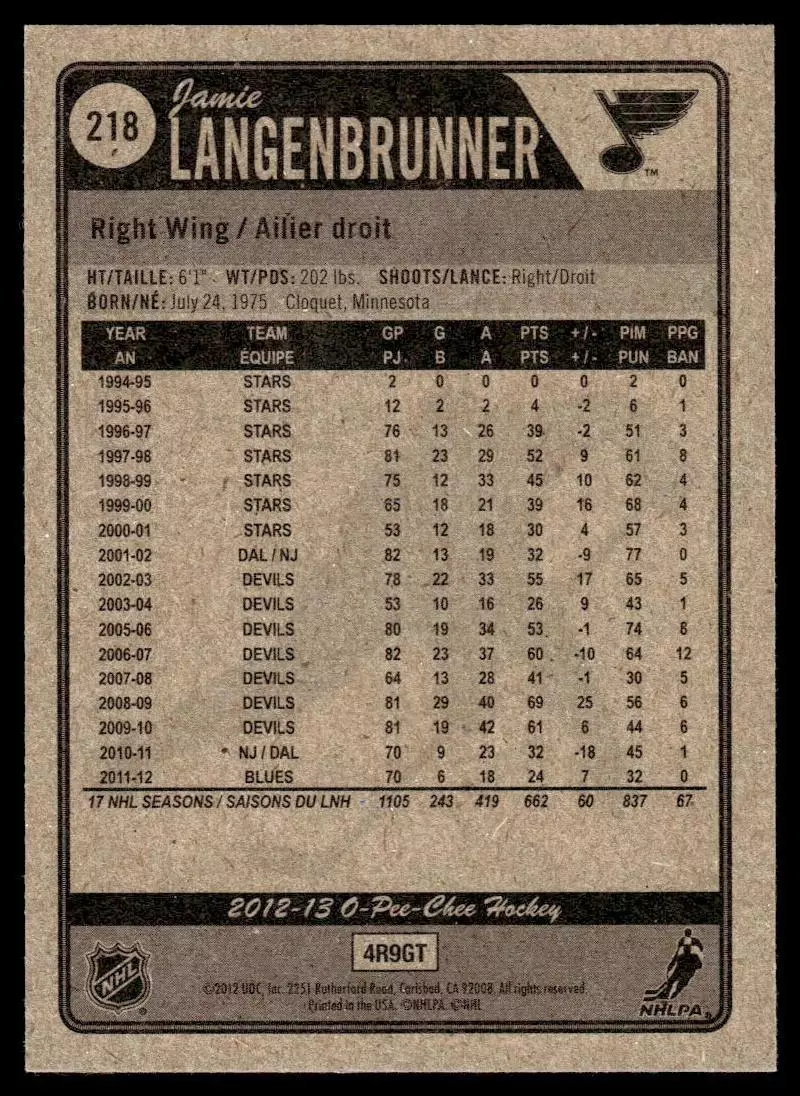 2012-13 O-Pee-Chee #218 Jamie Langenbrunner 1