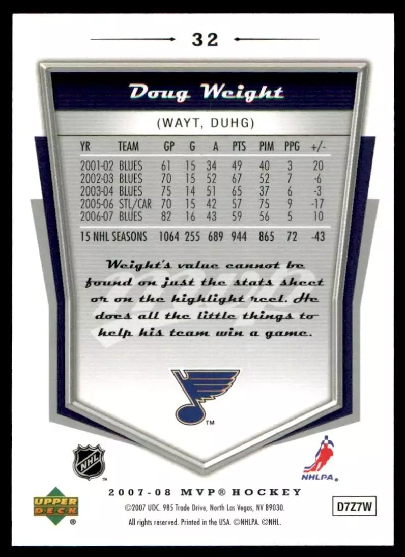 2007-08 Upper Deck MVP #32 Doug Weight 1
