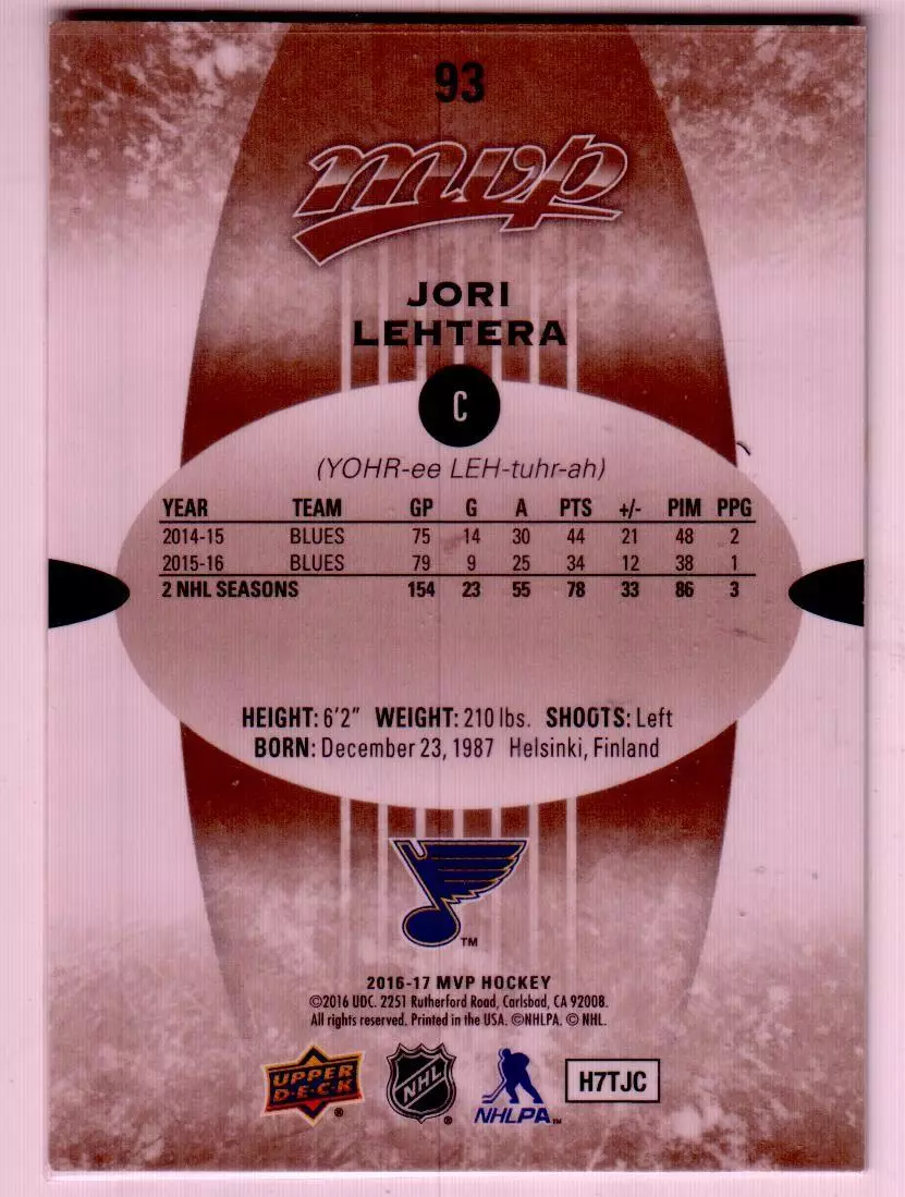 2016-17 Upper Deck MVP #93 Jori Lehtera 1