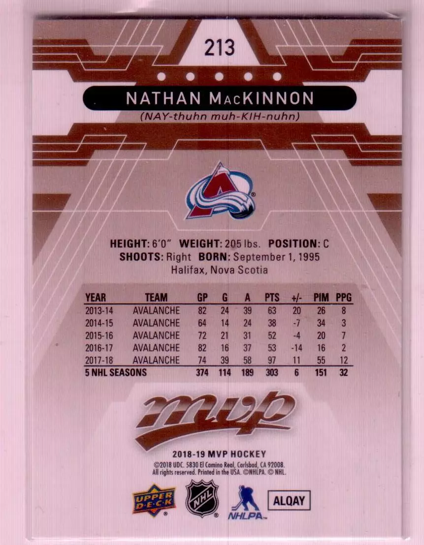 2018-19 Upper Deck MVP #213 Nathan MacKinnon 1