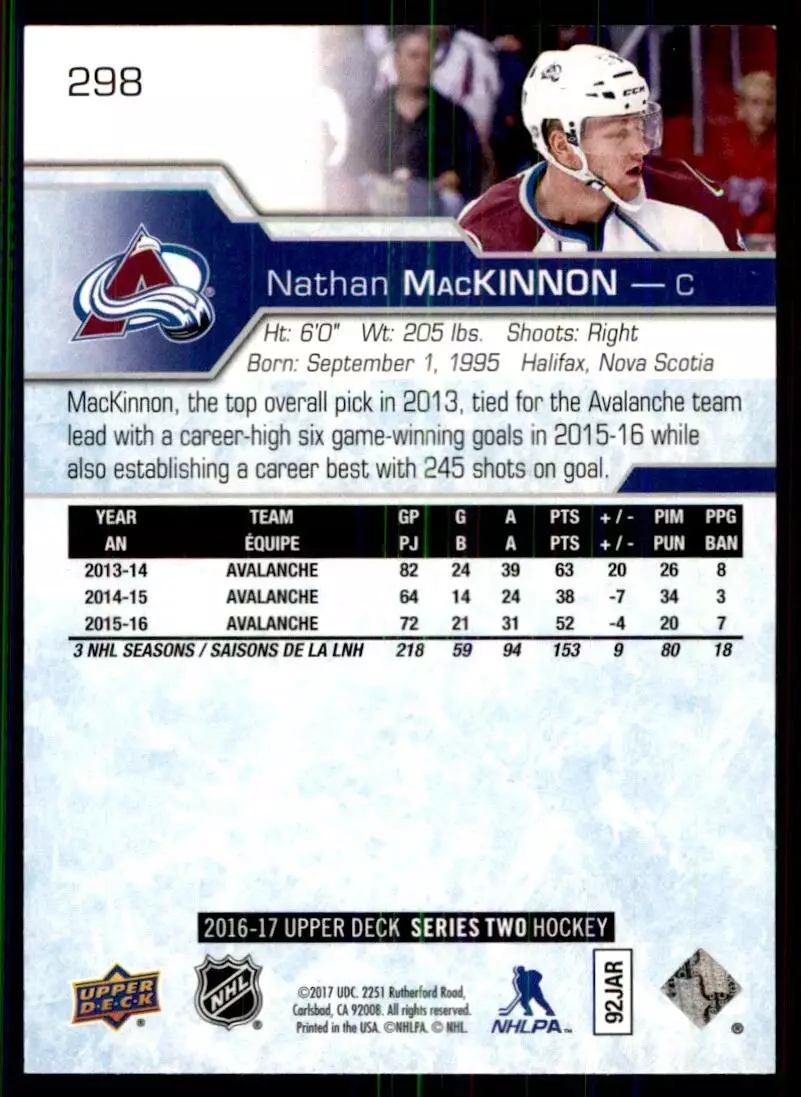 2016-17 Upper Deck #298 Nathan MacKinnon 1