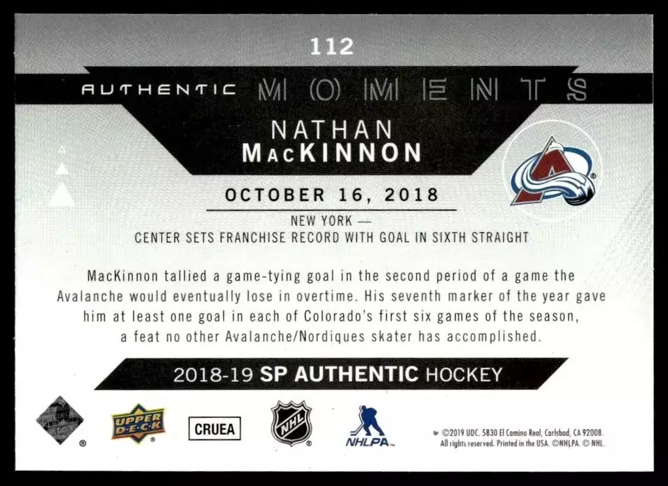 2018-19 SP Authentic #112 Nathan MacKinnon AM 1