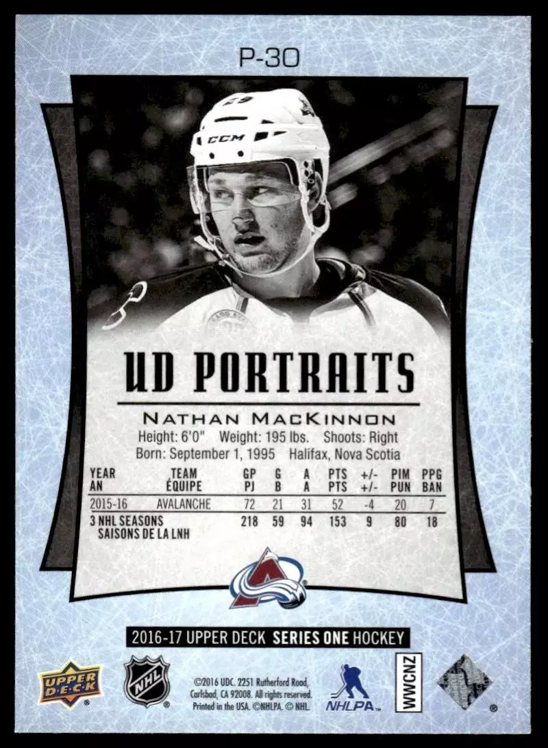 2016-17 Upper Deck UD Portraits #P30 Nathan MacKinnon 1