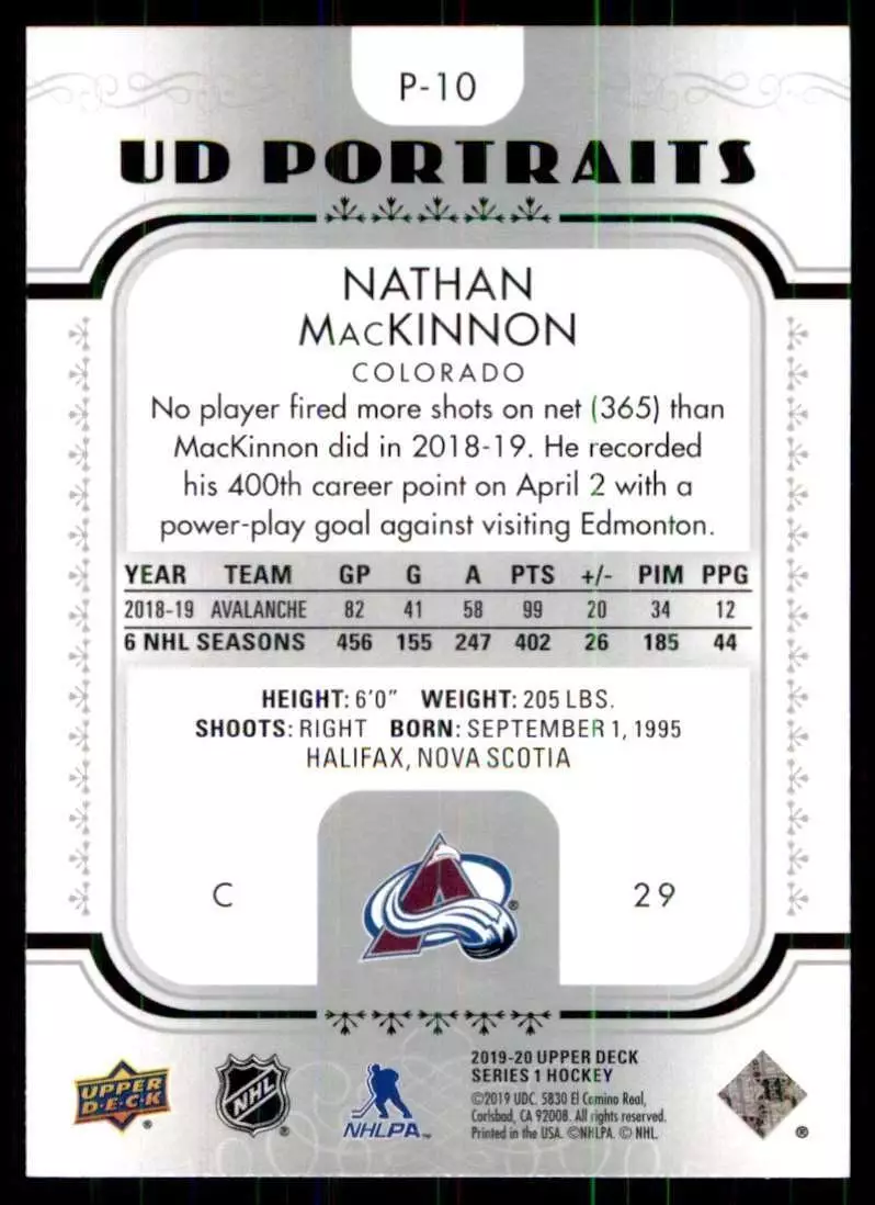 2019-20 Upper Deck UD Portraits #P10 Nathan MacKinnon 1