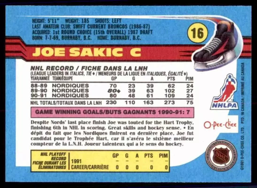 1991-92 O-Pee-Chee #16 Joe Sakic 1