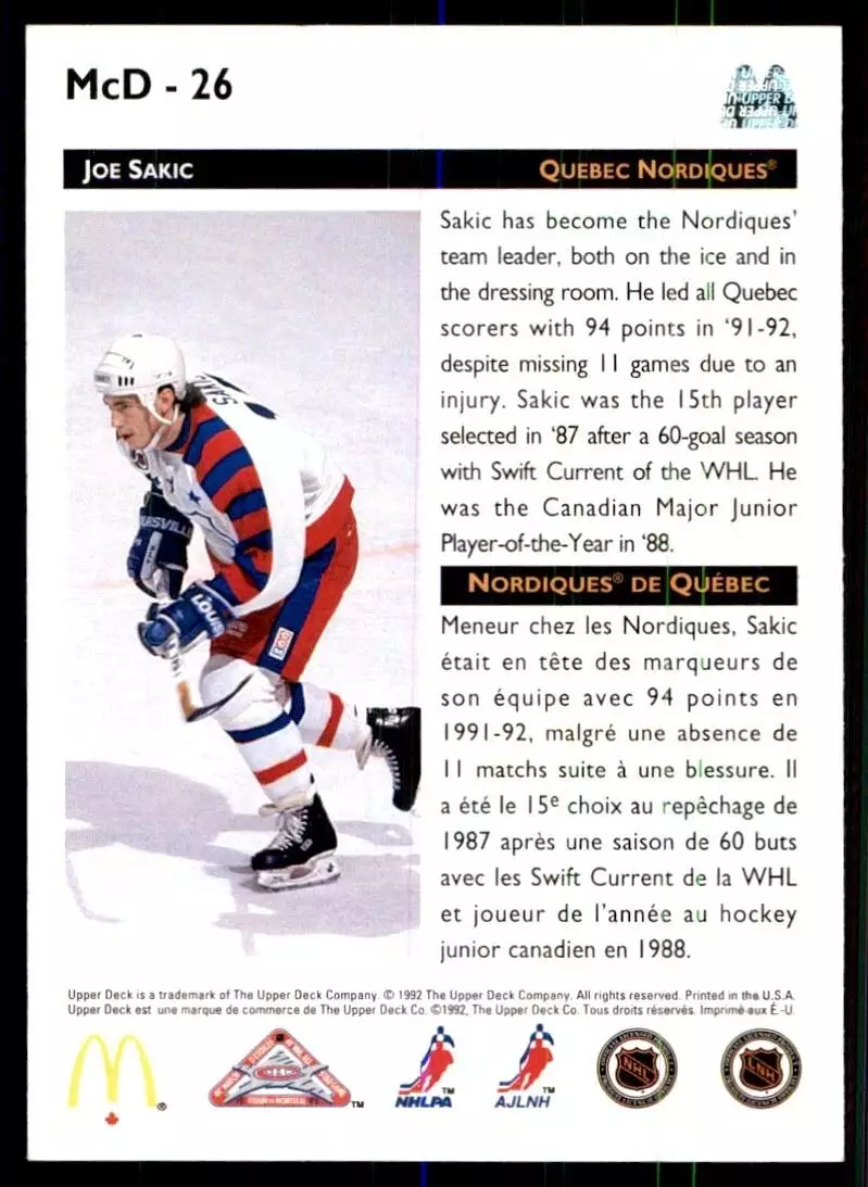 1992-93 McDonald's Upper Deck #26 Joe Sakic 1