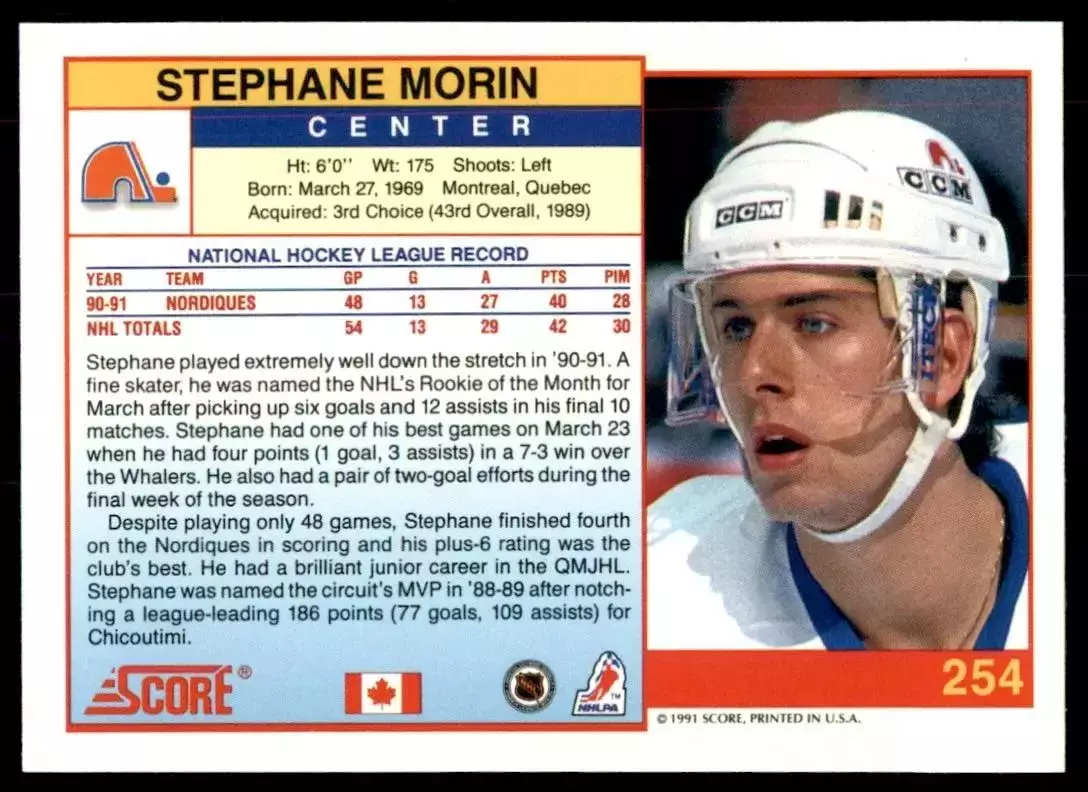 1991-92 Score Canadian English #254 Stephane Morin 1