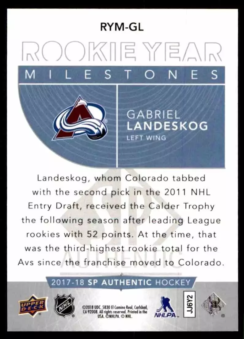 2017-18 SP Authentic Rookie Year Milestones #RYMGL Gabriel Landeskog 1