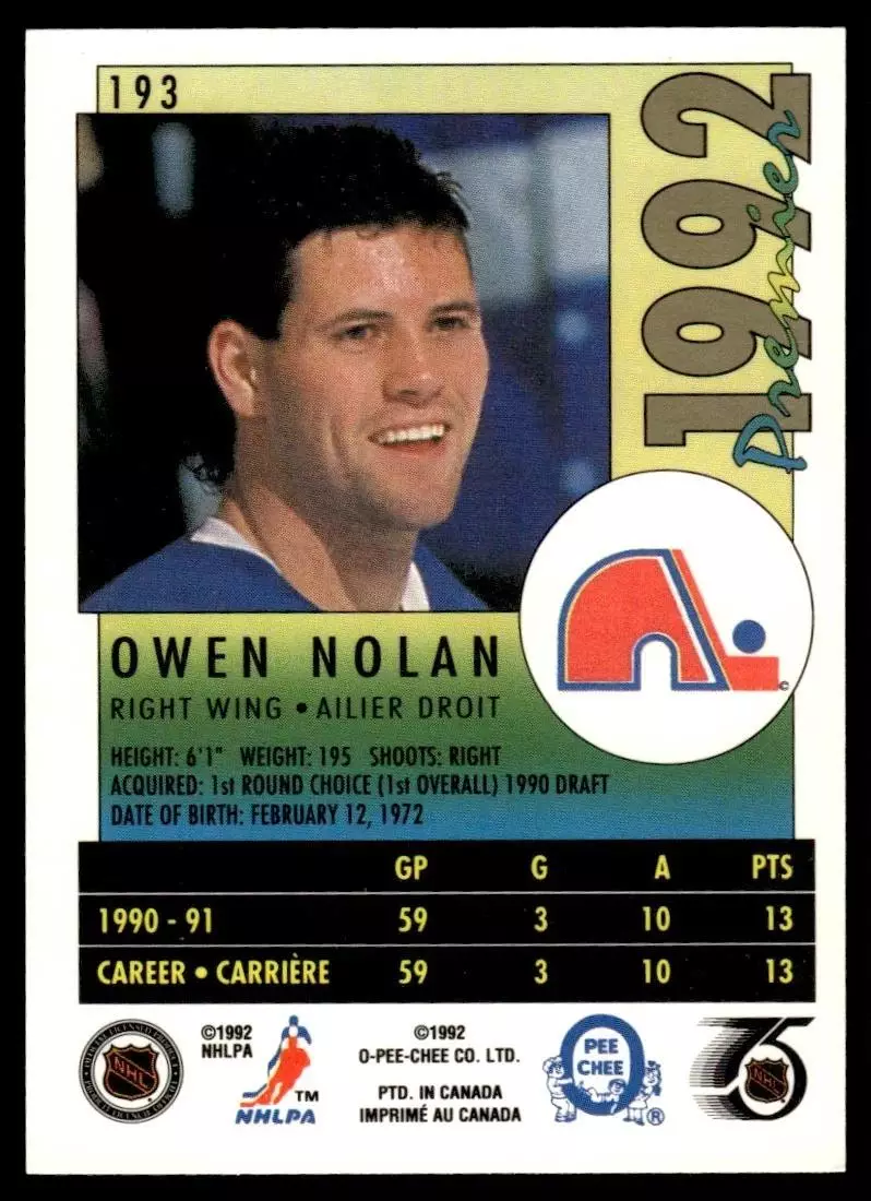 1991-92 OPC Premier #193 Owen Nolan 1