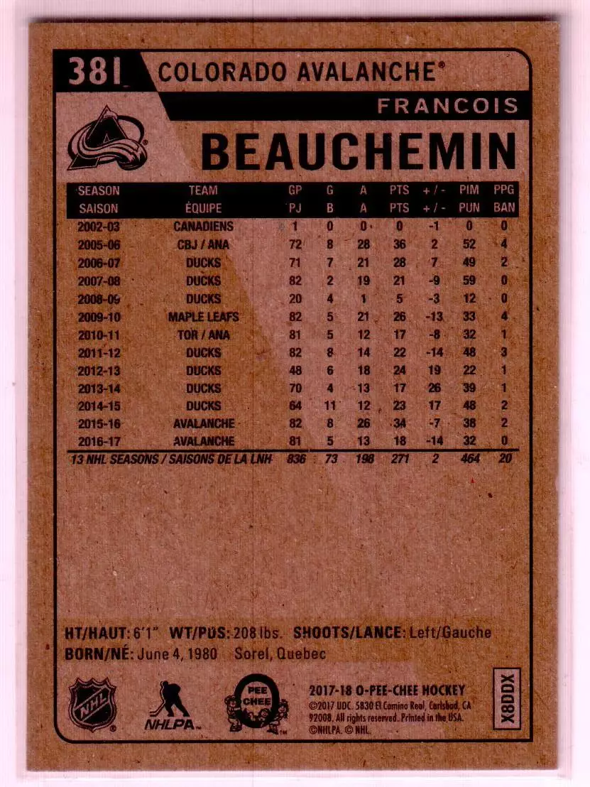 2017-18 O-Pee-Chee Retro #381 Francois Beauchemin 1
