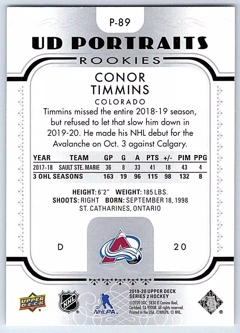 2019-20 Upper Deck UD Portraits #P89 Conor Timmins 1