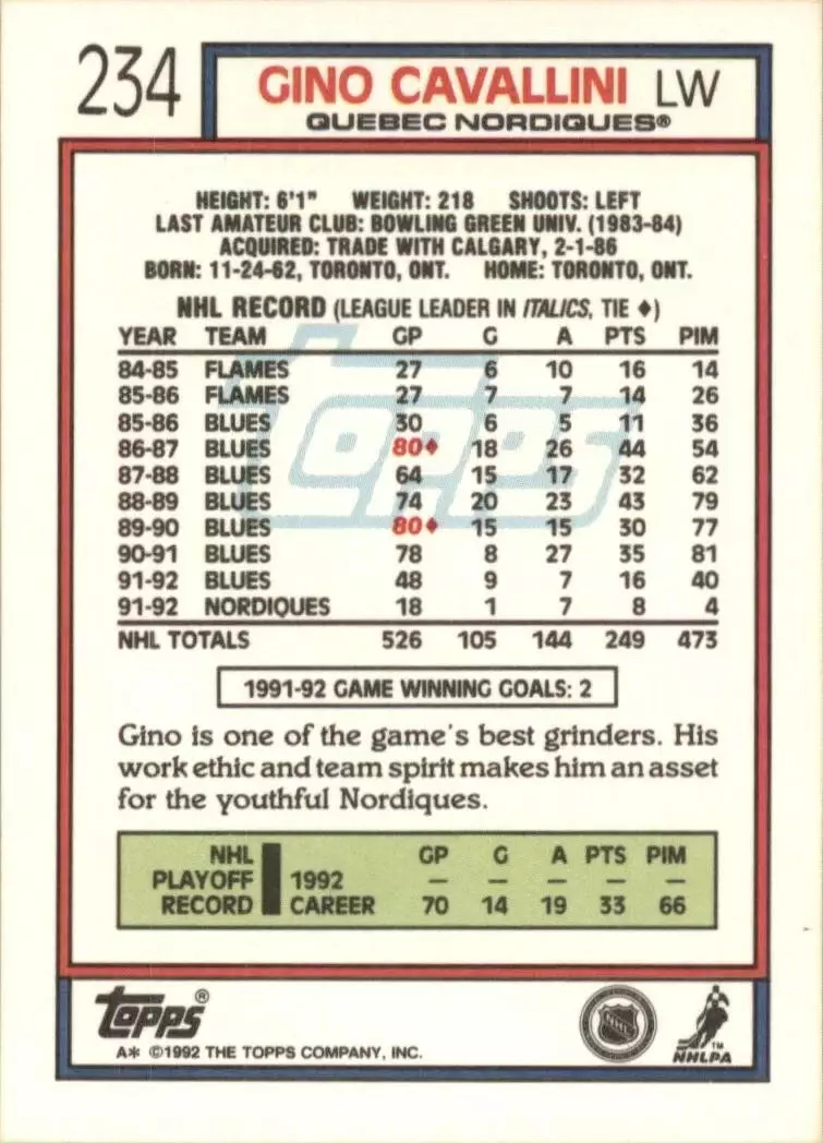 1992-93 Topps #234 Gino Cavallini 1