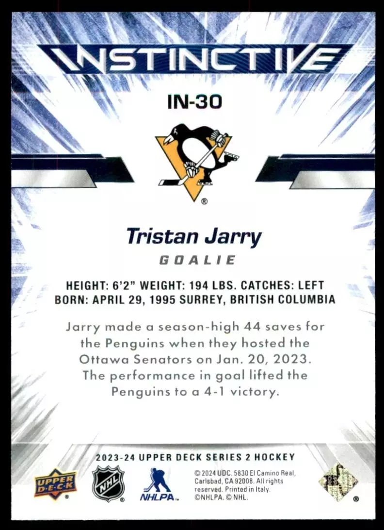 2023-24 Upper Deck Instinctive #IN30 Tristan Jarry 1