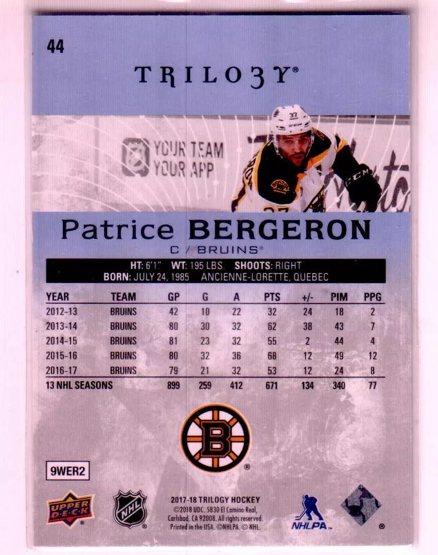 2017-18 Upper Deck Trilogy Blue #44 Patrice Bergeron 024\999 1