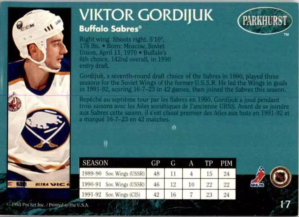 1992-93 Parkhurst #17 Viktor Gordijuk RC 1