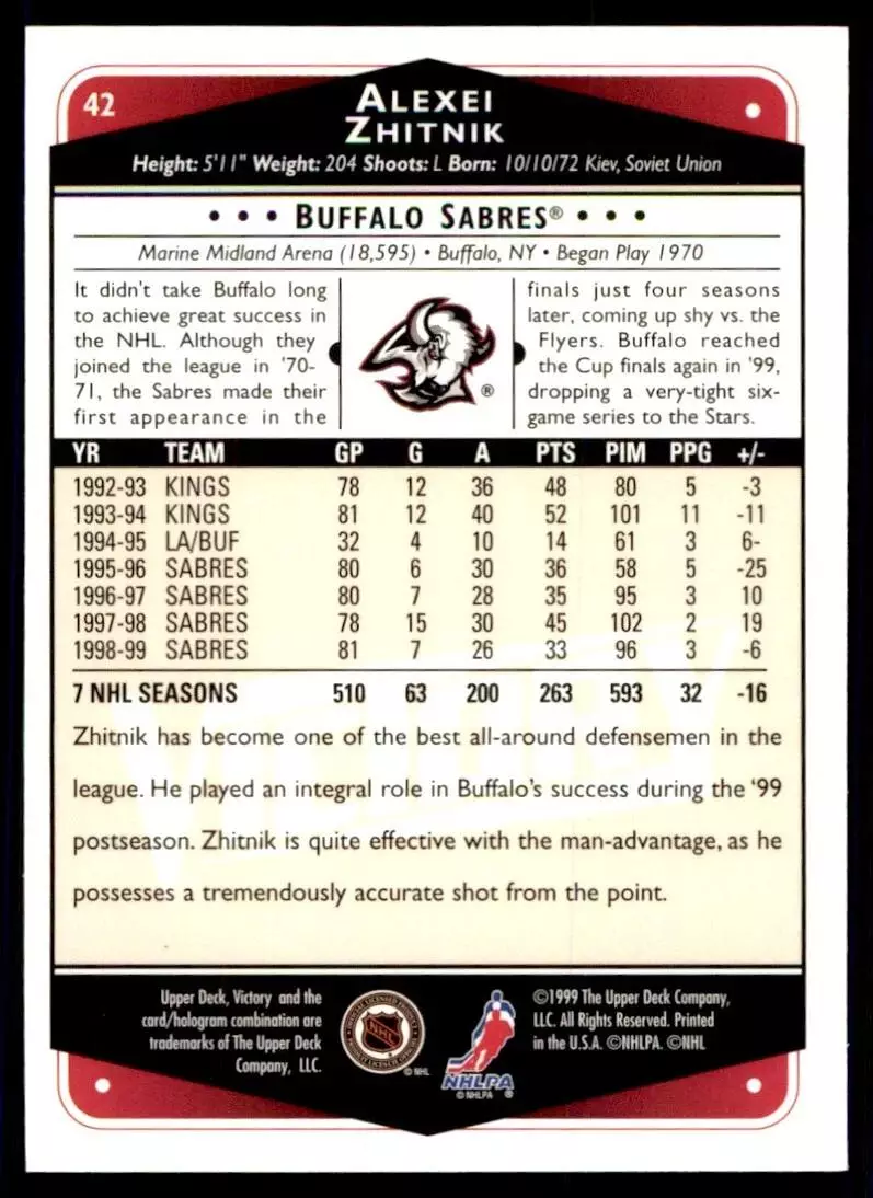 1999-00 Upper Deck Victory #42 Alexei Zhitnik 1