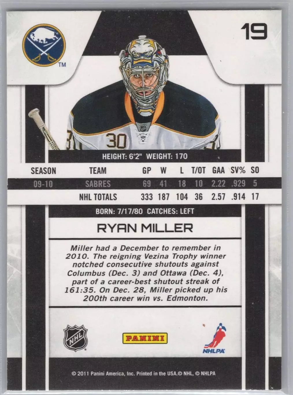 2010-11 Zenith #19 Ryan Miller 1