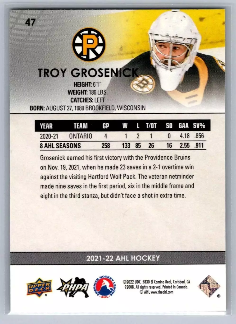 2021-22 Upper Deck AHL #47 Troy Grosenick 1