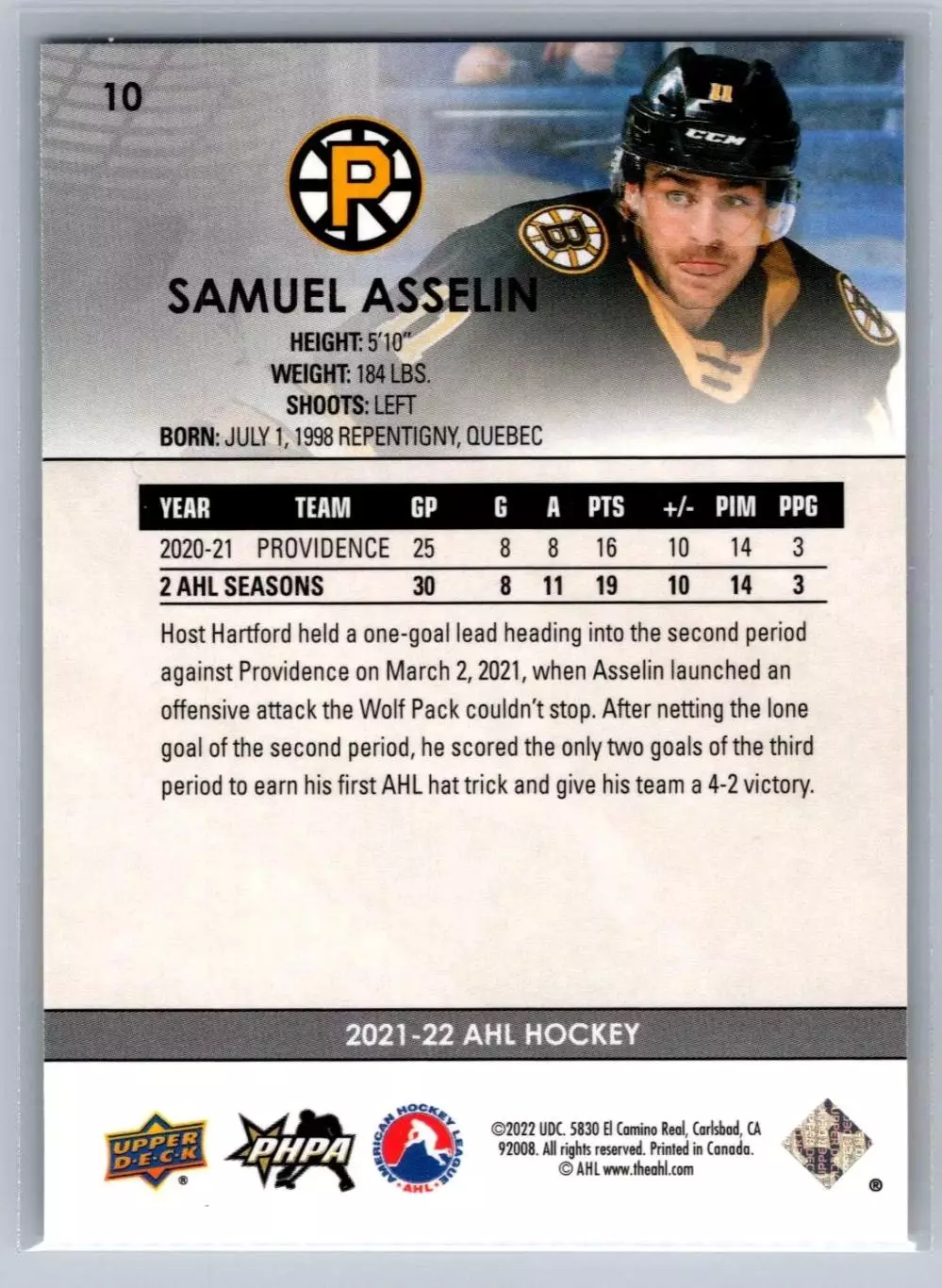 2021-22 Upper Deck AHL #10 Samuel Asselin 1