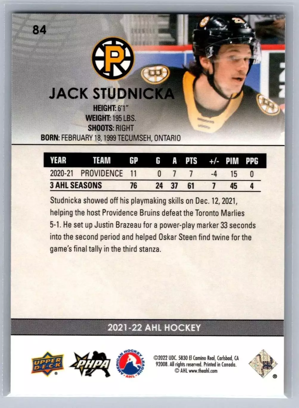 2021-22 Upper Deck AHL #84 Jack Studnicka 1