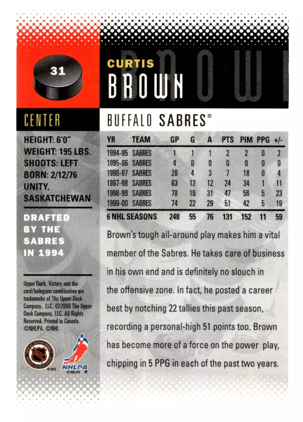 2000-01 Upper Deck Victory #31 Curtis Brown 1