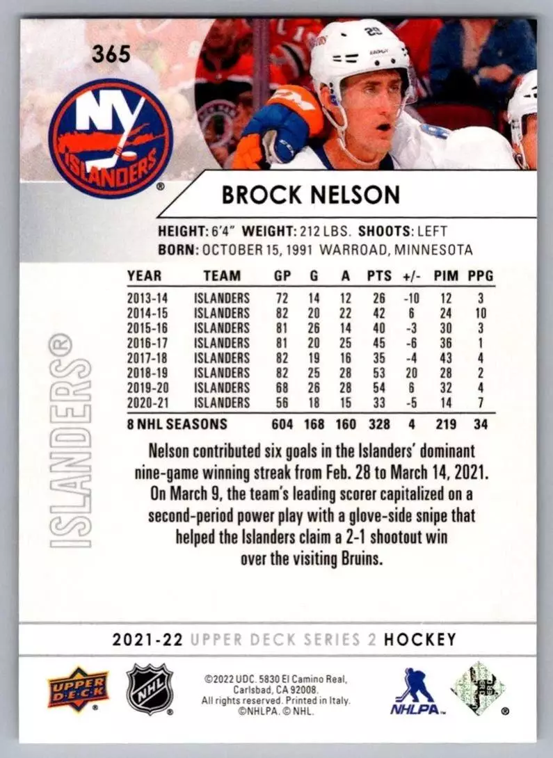 2021-22 Upper Deck #365 Brock Nelson 1