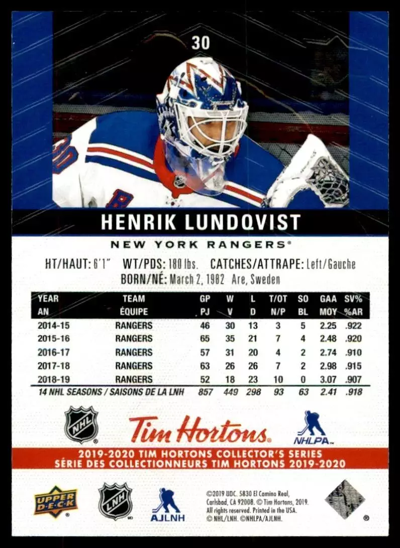 2019-20 Upper Deck Tim Hortons #30 Henrik Lundqvist 1